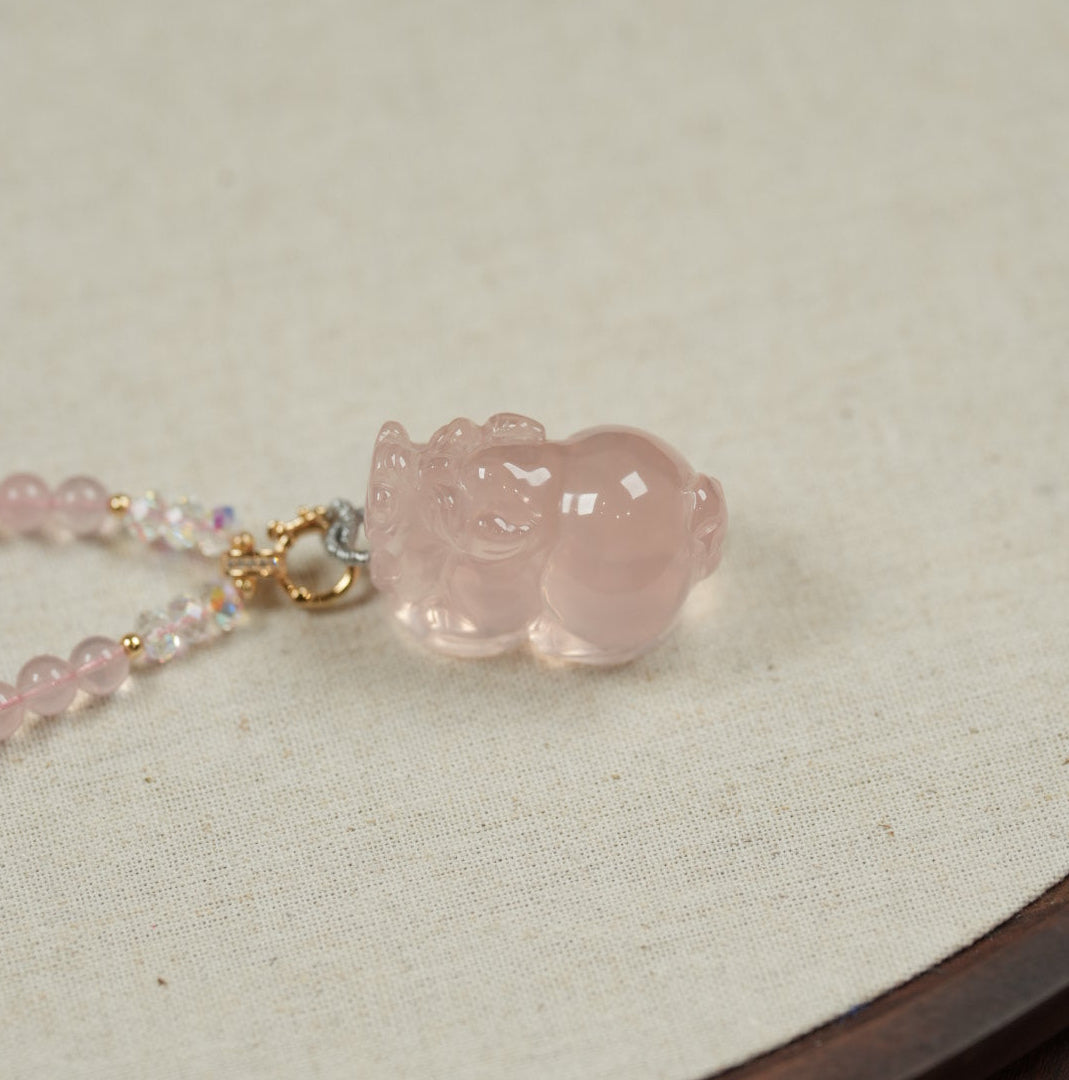 全净体粉水晶貔貅项链