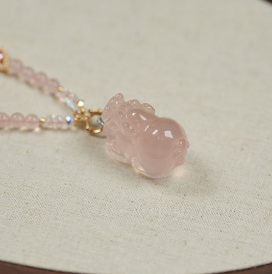 全净体粉水晶貔貅项链