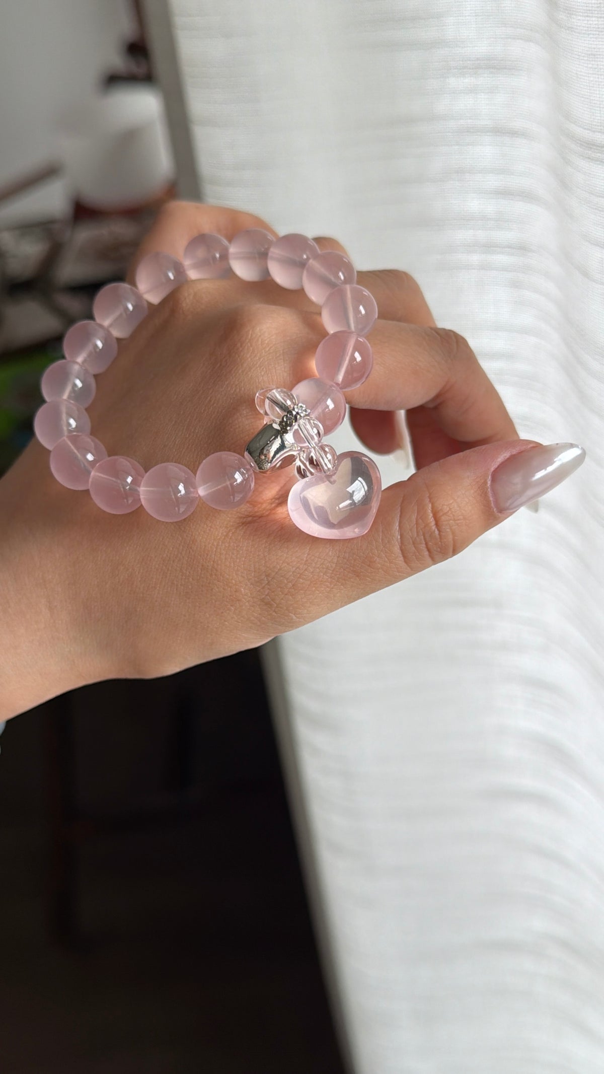 Pink Rose Quartz Bracelet with Heart Pendant